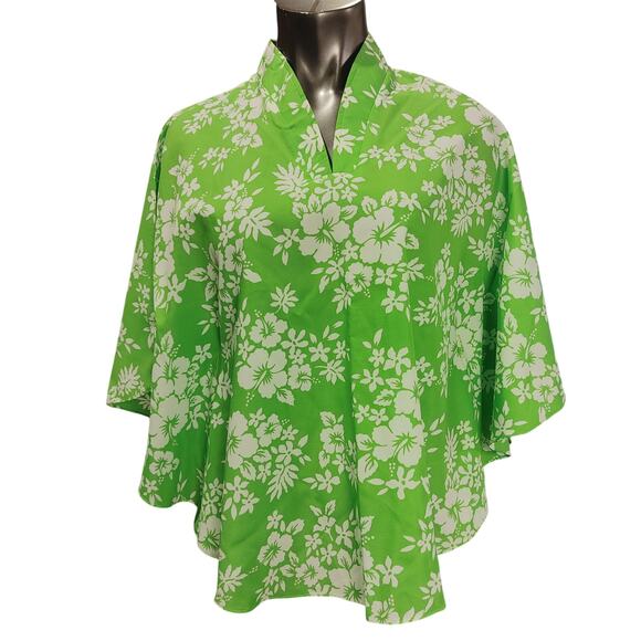 Resort Line Hawaii OSFM Green Aloha Palm Leaves Butterfly Sleeve Blouse - Picture 1 of 5